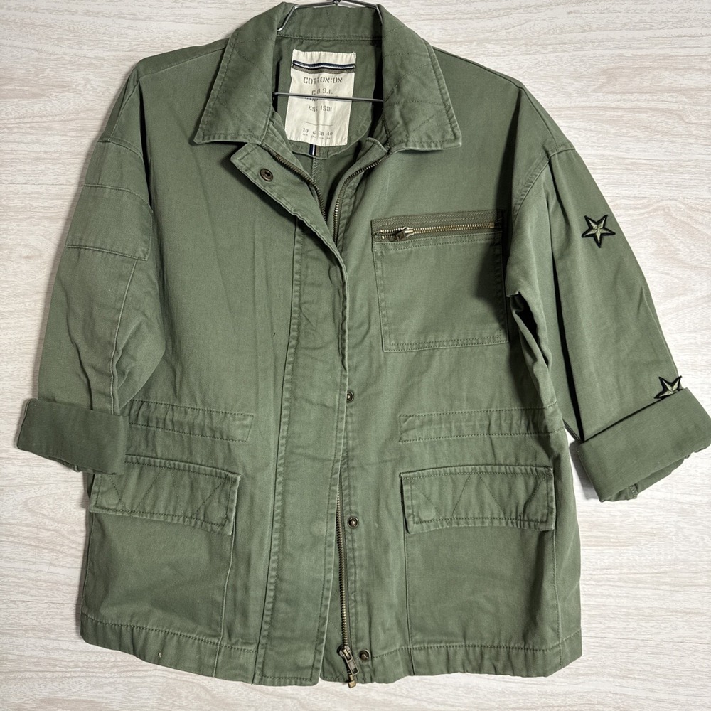 Women's Cotton On Utility Jacket Military Inspired Green ,Pockets Full Zip Sz 10